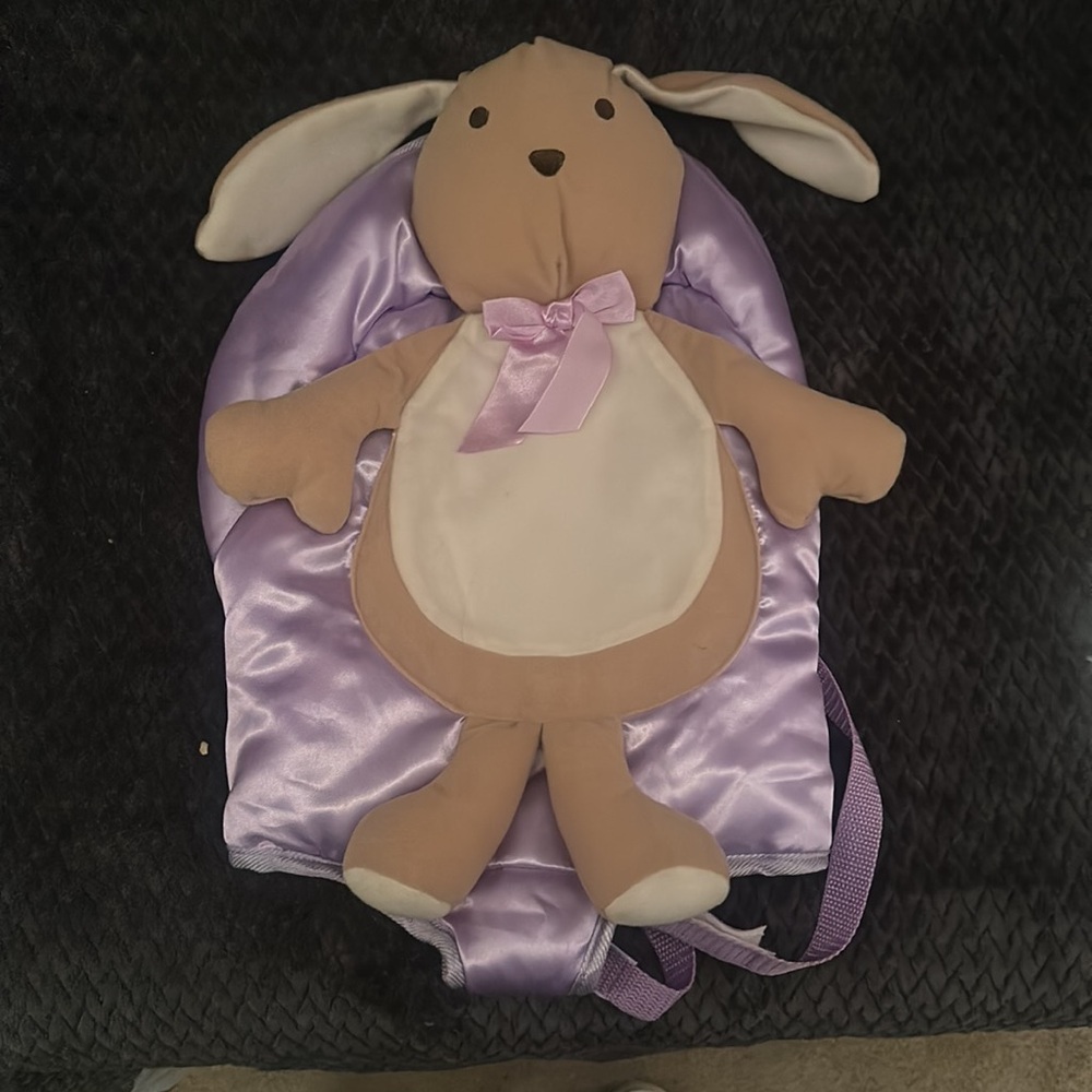 You & Me babydoll carrier backpack Purple satin  and Tan Plush bunny nice